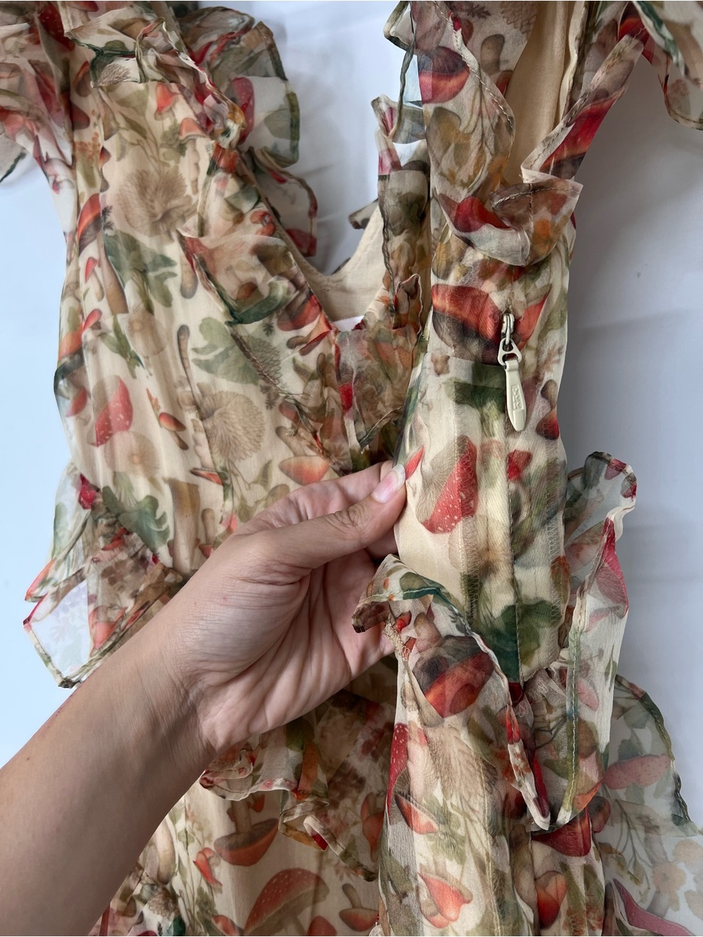 Selkie Satin Mushroom Brown Floral Ruffle Tiered V Neck Formal Maxi Dress XS - Picture 5 of 8